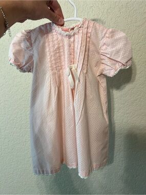 Vintage Pink Puff Sleeve Baby Dress with Lace Trim